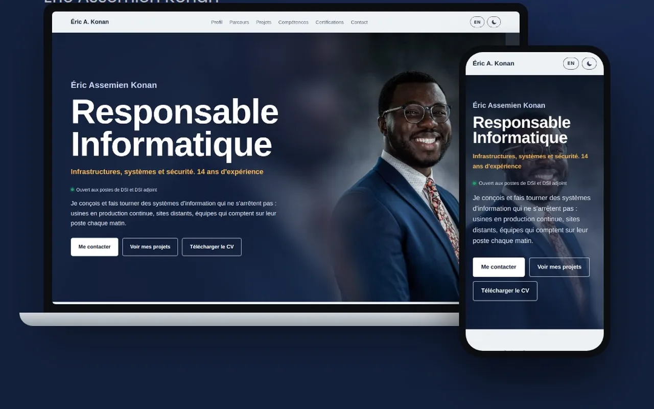 Modèle de portfolio en ligne : Responsable informatique, ordinateur et mobile