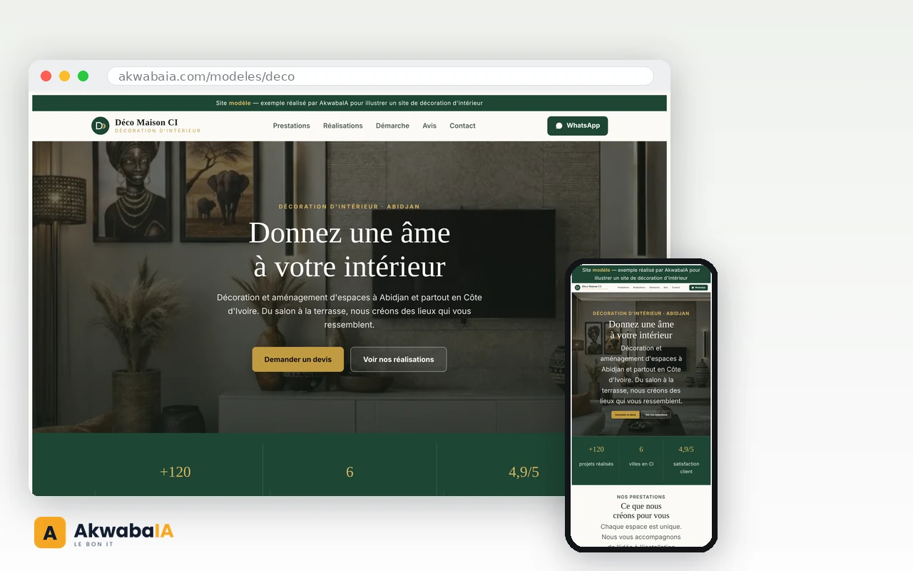 Modèle de site web : décoration d'intérieur, aperçu ordinateur et mobile